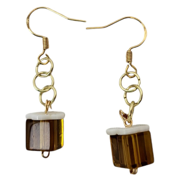 18k gold Plated Mother of Pearl Transparent Glass Cube Dangle Halos Earrings - Picture 1 of 3